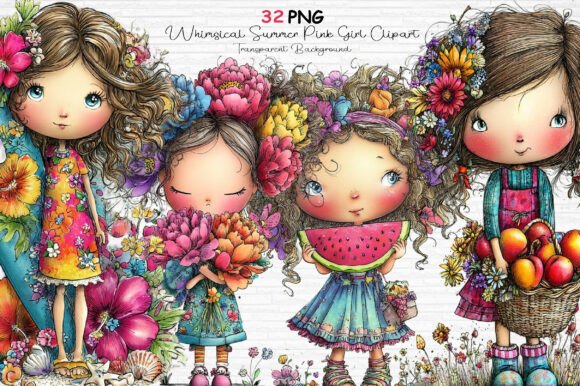 Download Whimsical Summer Pink Girl Clipart PNG - Summer Collection