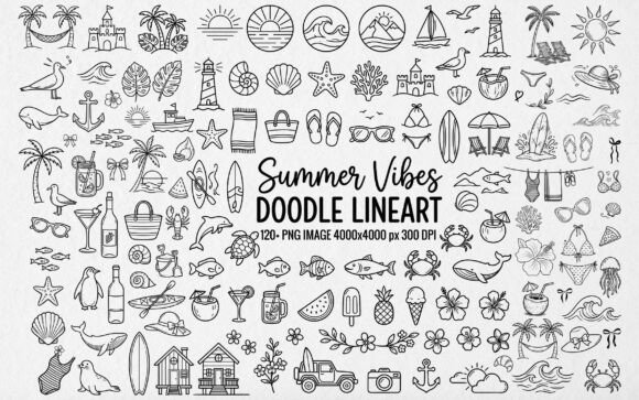 Download 120+ Summer Vibes Doodle Line Art PNG - Summer Collection