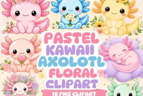 Download Pastel Kawaii Axolotl Floral Clipart - Pastel Collection